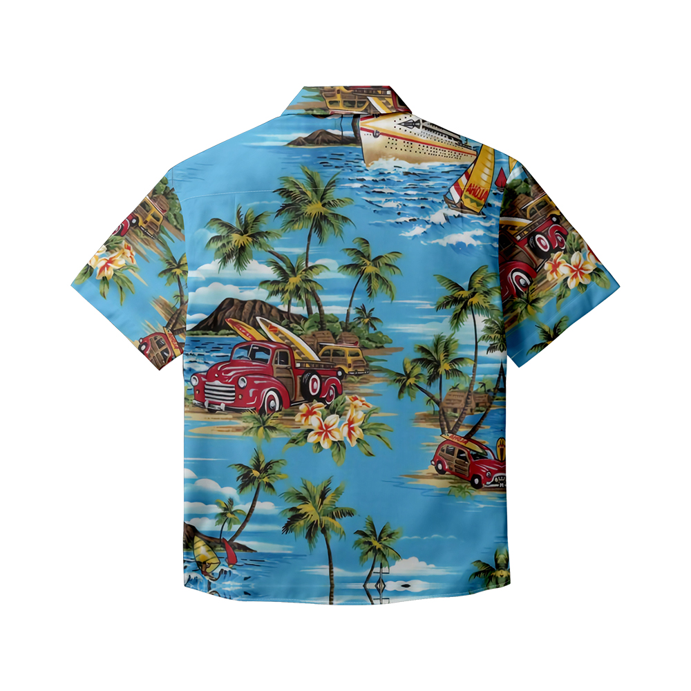 100% Cotton Men's Blue Island Print Short Sleeve Shirt