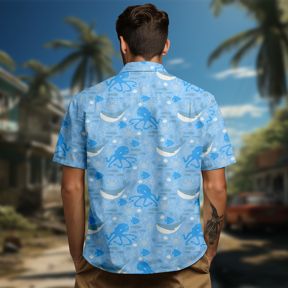 100% Cotton Men's Blue Ocean Print Short Sleeve Shirt