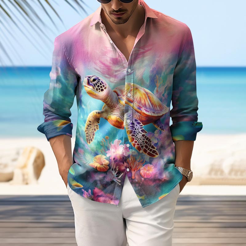 Vacation Men's Fantasy Ombre Sea Turtle Print Long Sleeve Shirt