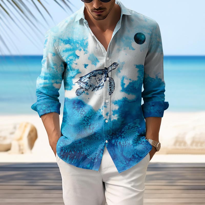 Men's Tie Dye Sea Turtle Print Long Sleeve Shirt