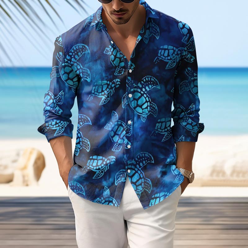 Resort Style All Over Sea Turtle Print Long Sleeve Shirt