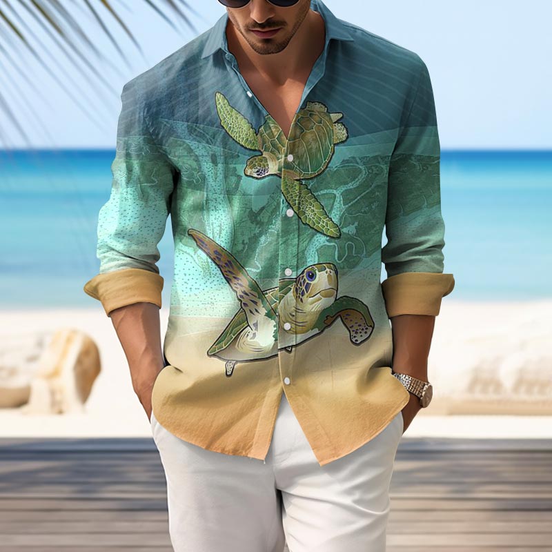 Resort Style Color Block Sea Turtle Print Long Sleeve Shirt