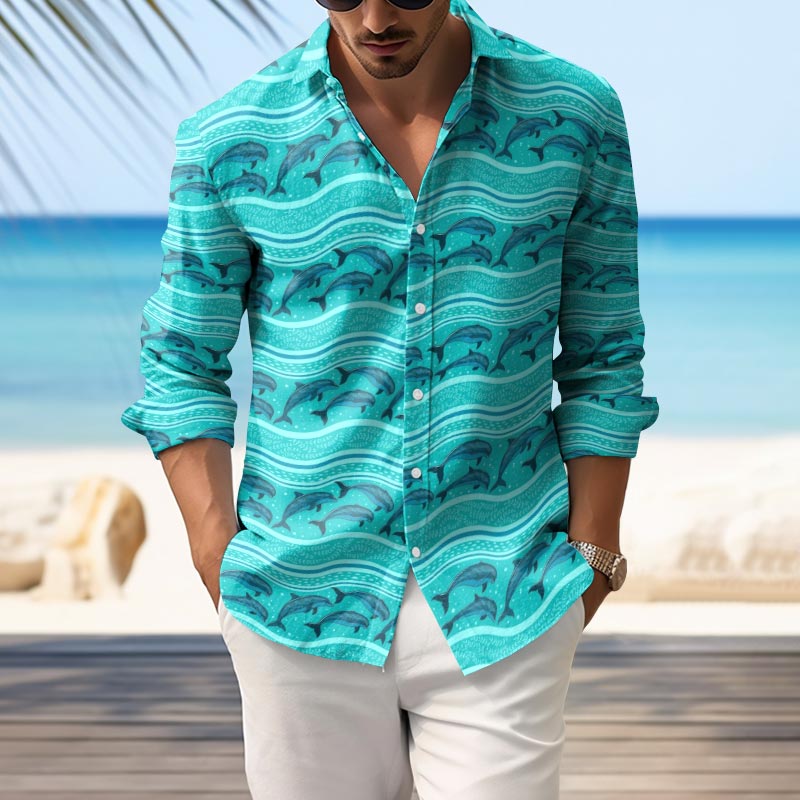 Men's Casual Dolphin Print Long Sleeve Shirt