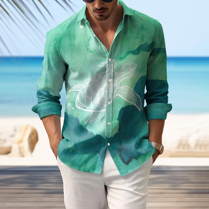 Men's Casual Tie Dye Ombre Sea Turtle Print Long Sleeve Shirt