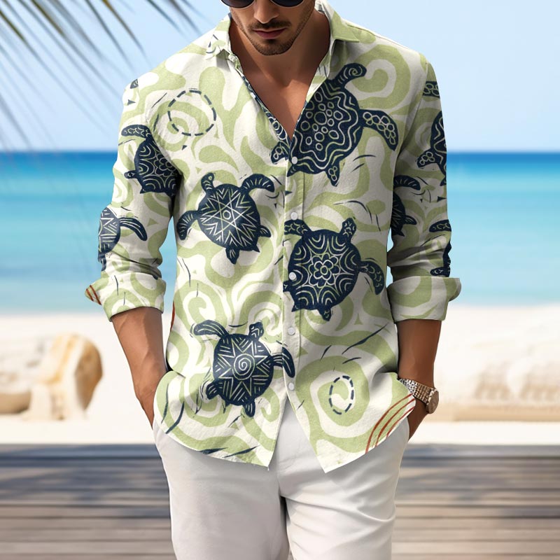 Men's Simple Sea Turtle Print Lapel Long Sleeve Shirt