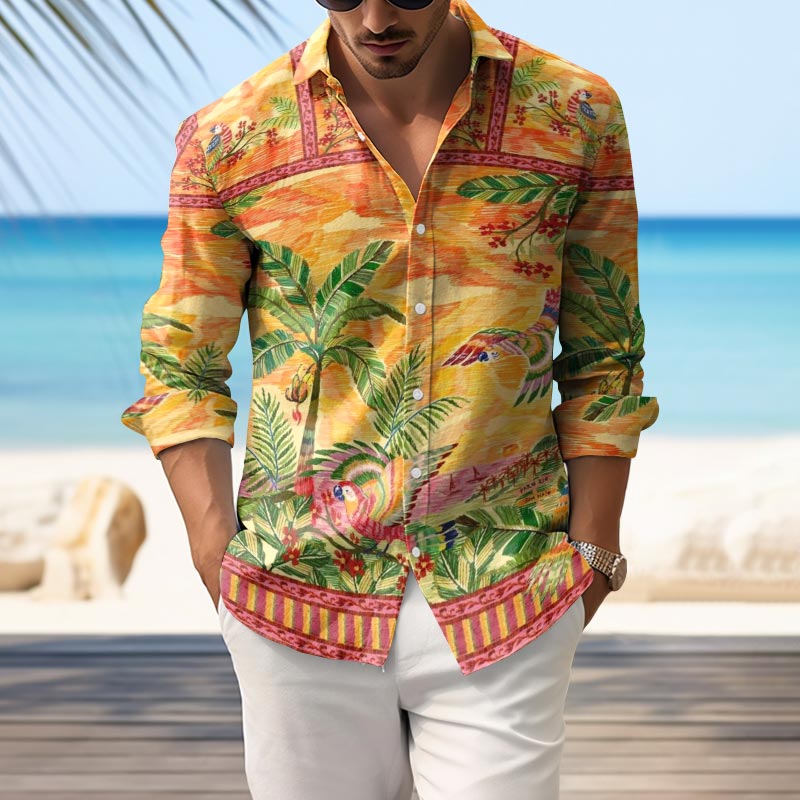 Men's Casual Resort Tropical Parrot Coconut Tree Print Lapel Long Sleeve Shirt