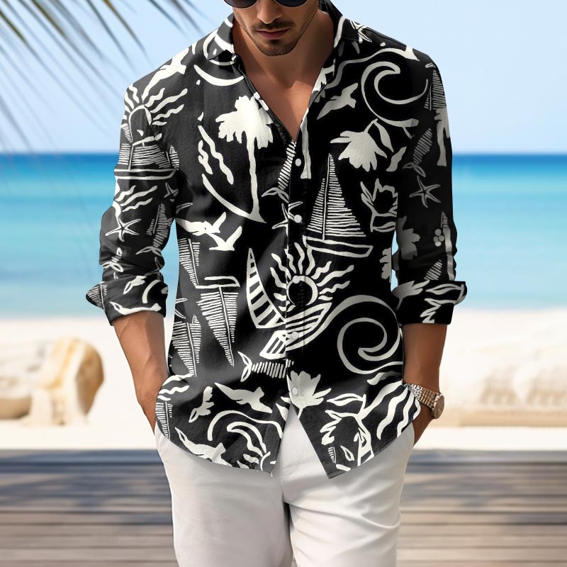 Men's Casual Hawaiian Simple Drawing Print Lapel Long Sleeve Shirt