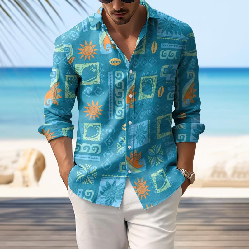 Men's Casual Hawaiian Ocean Print Lapel Long Sleeve Shirt