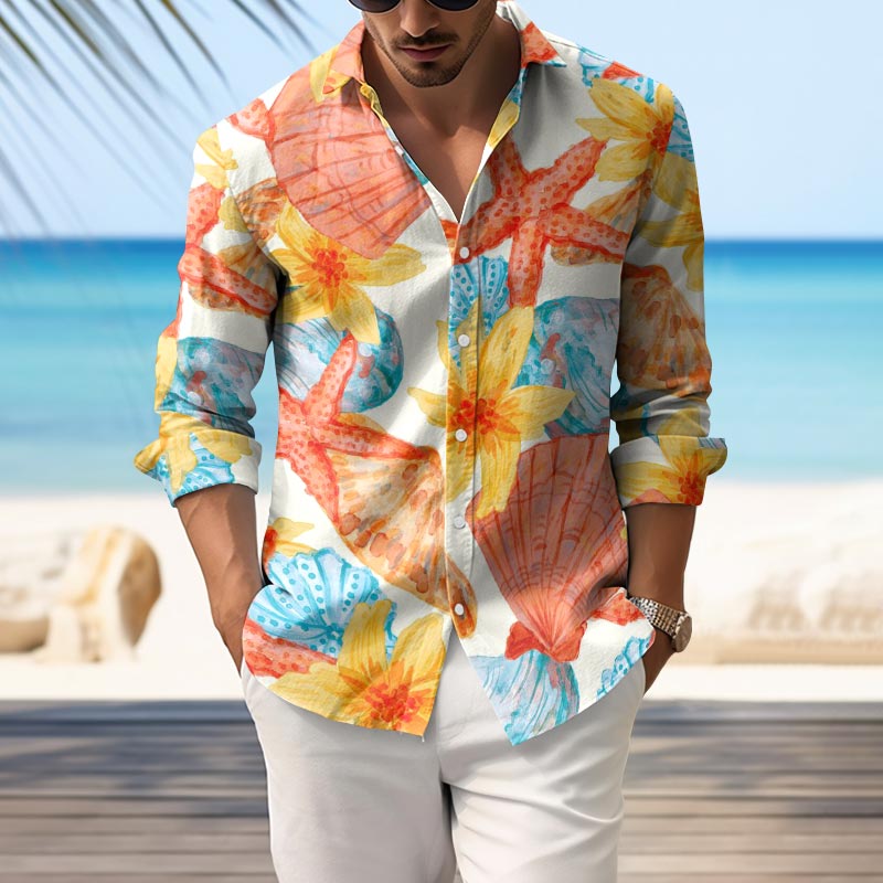 Men's Resort Casual Shell Print Lapel Long Sleeve Shirt