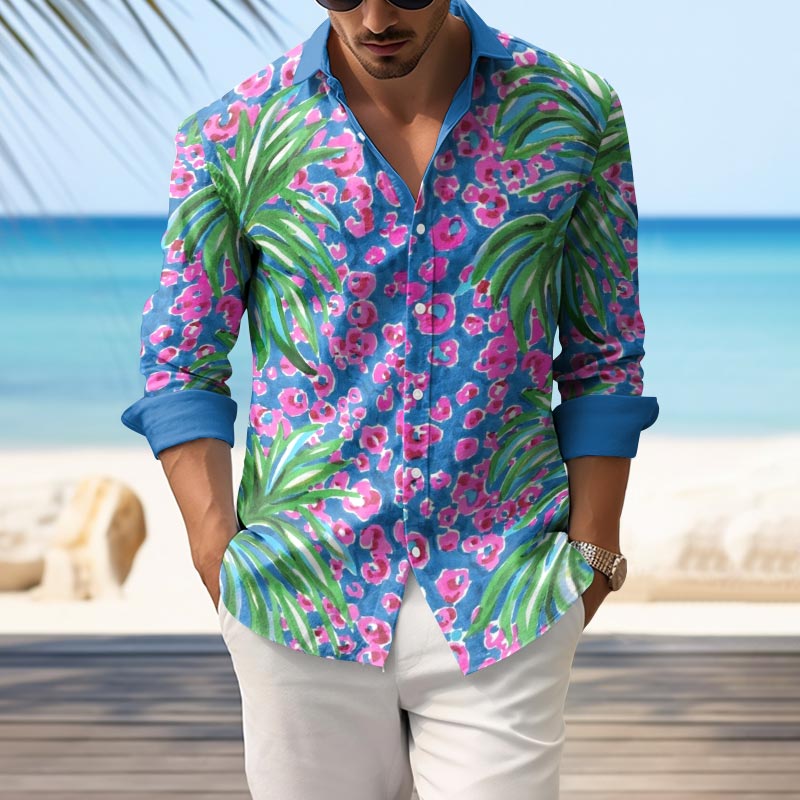 Men's Resort Hawaiian Tropical Floral Print Lapel Long Sleeve Shirt