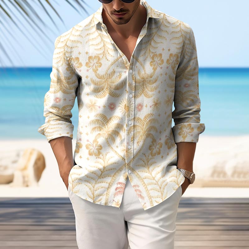 Vacation Simple Coconut Tree Print Lapel Long Sleeve Shirt