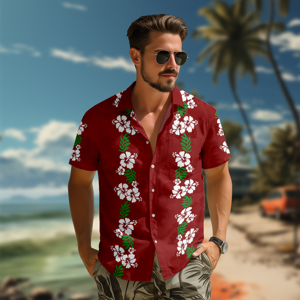 100% Cotton Men's Red Floral Print Short Sleeve Shirt