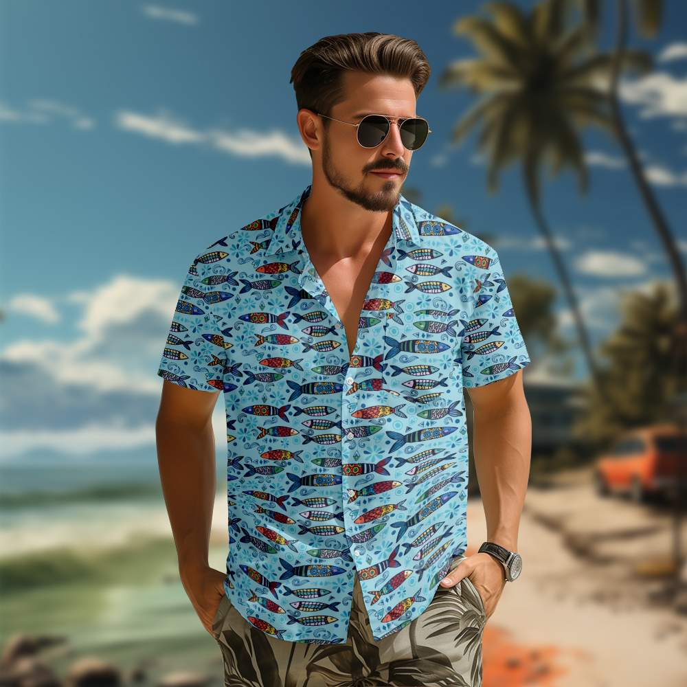 100% Cotton Men's Blue Fish Print Short Sleeve Shirt
