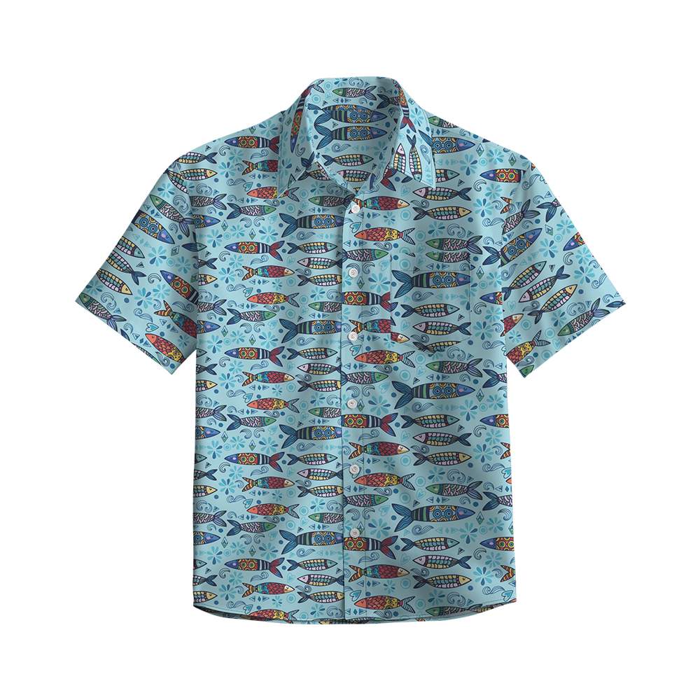 100% Cotton Men's Blue Fish Print Short Sleeve Shirt
