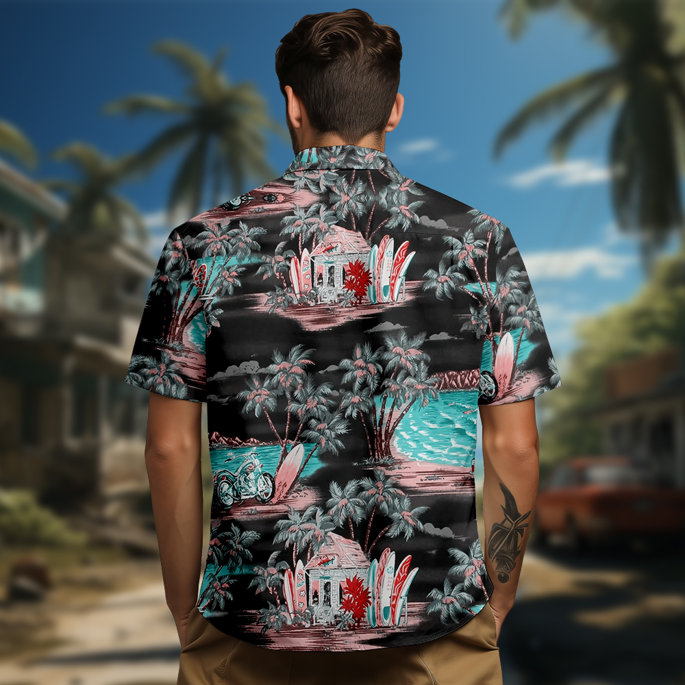 100% Cotton Men's Black Hawaii Print Short Sleeve Shirt