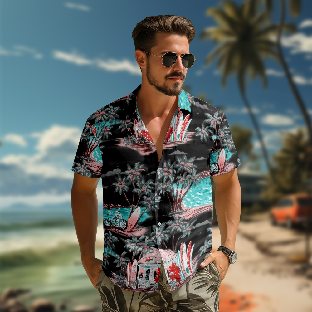 100% Cotton Men's Black Hawaii Print Short Sleeve Shirt