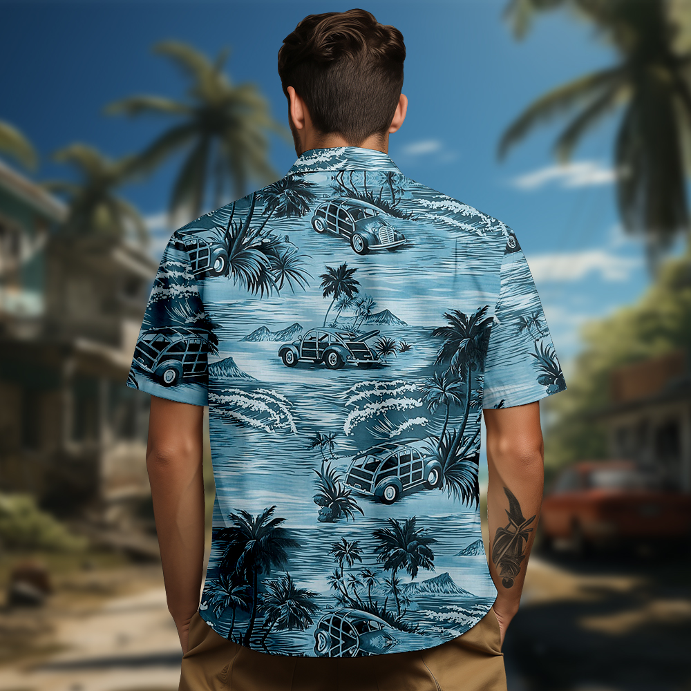 100% Cotton Men's Blue Hawaii Print Short Sleeve Shirt