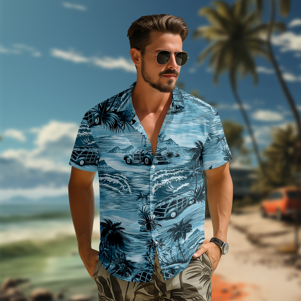 100% Cotton Men's Blue Hawaii Print Short Sleeve Shirt