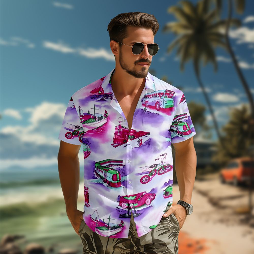 100% Cotton Men's Pink Vehicle Print Short Sleeve Shirt