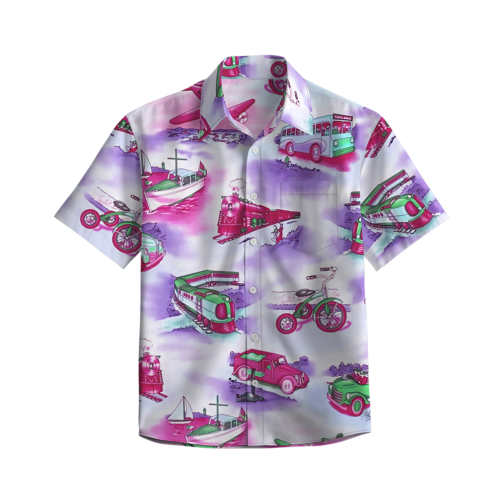 100% Cotton Men's Pink Vehicle Print Short Sleeve Shirt