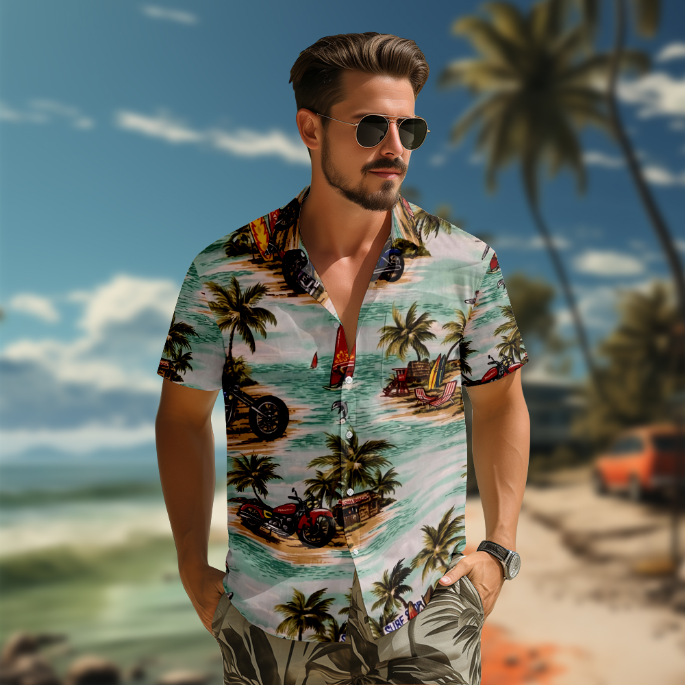 100% Cotton Men's Green Vocation Print Short Sleeve Shirt