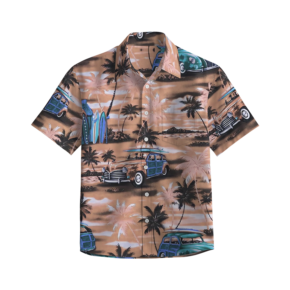 100% Cotton Men's Brown Vehicle Print Short Sleeve Shirt