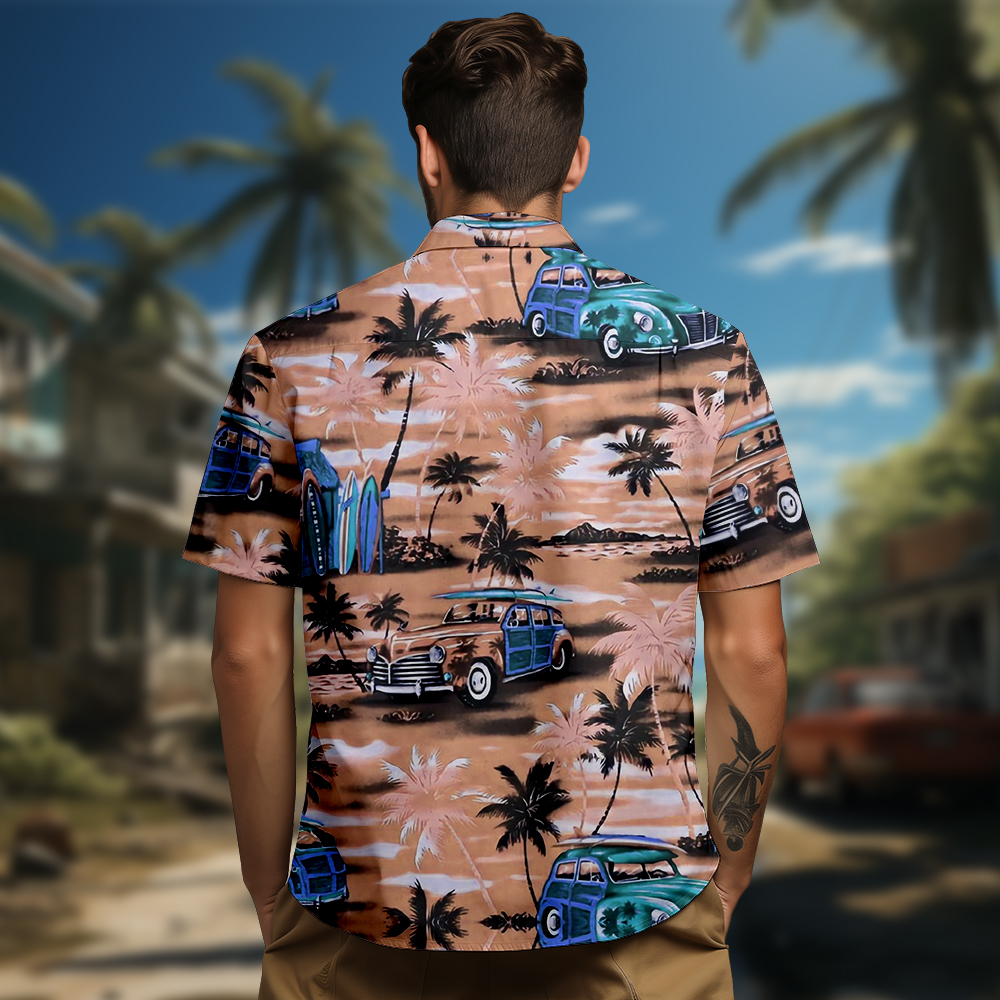 100% Cotton Men's Brown Vehicle Print Short Sleeve Shirt