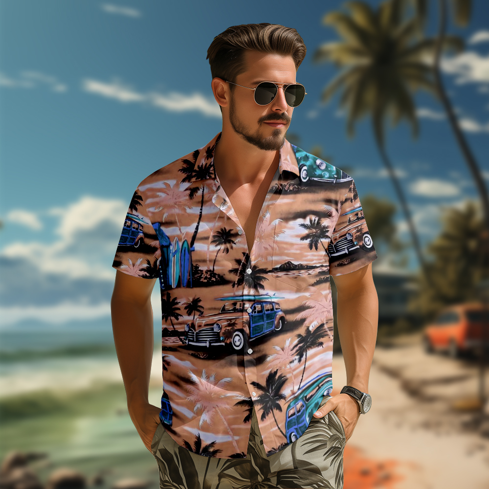 100% Cotton Men's Brown Vehicle Print Short Sleeve Shirt