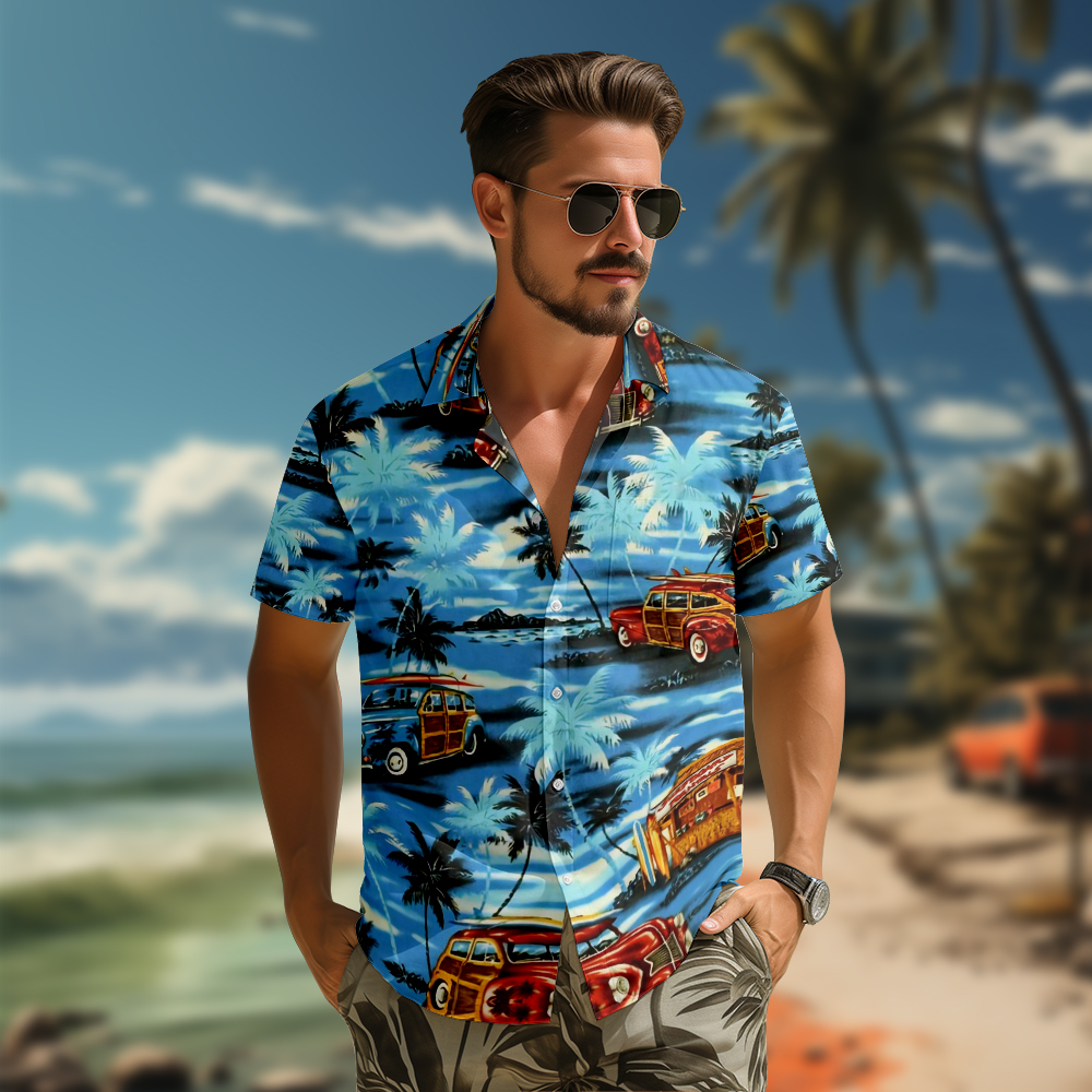 100% Cotton Men's Blue Vehicle Print Short Sleeve Shirt