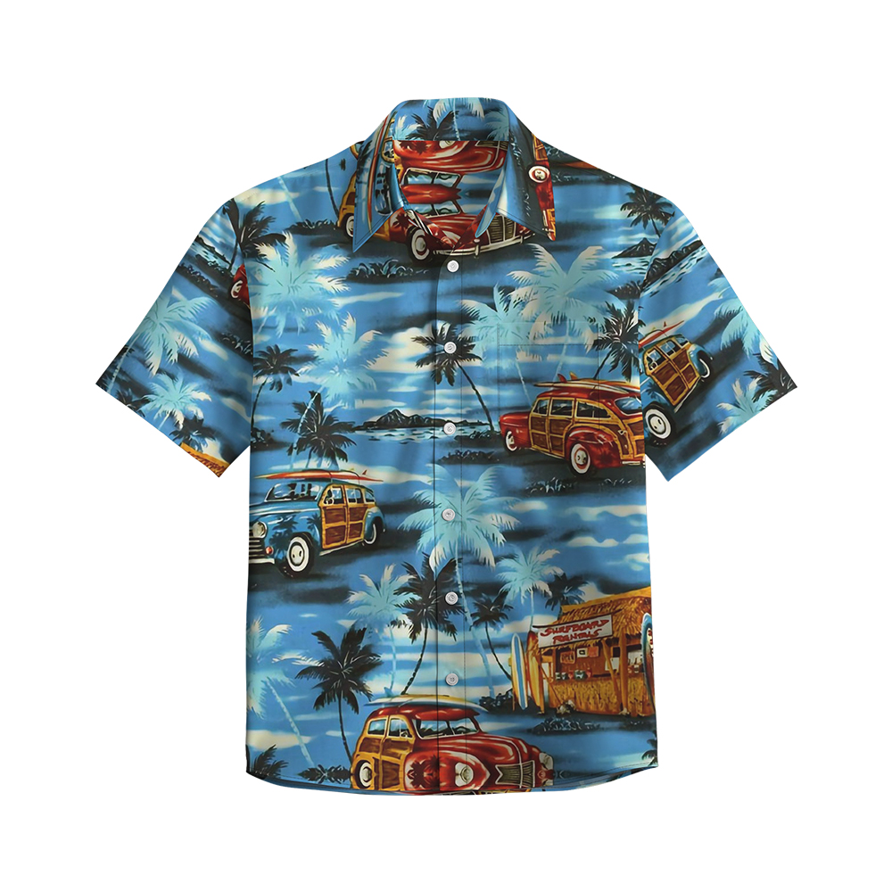 100% Cotton Men's Blue Vehicle Print Short Sleeve Shirt