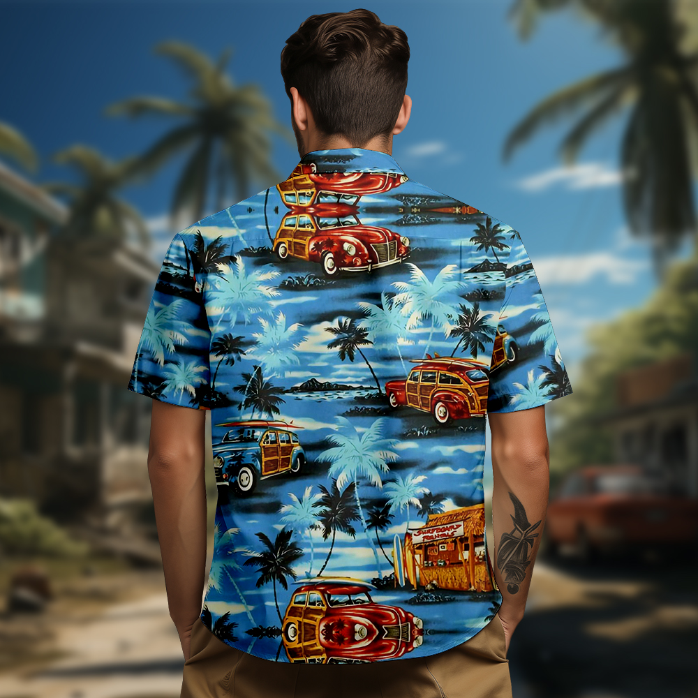 100% Cotton Men's Blue Vehicle Print Short Sleeve Shirt