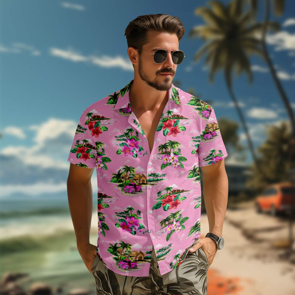 100% Cotton Men's Pink Vocation Print Short Sleeve Shirt