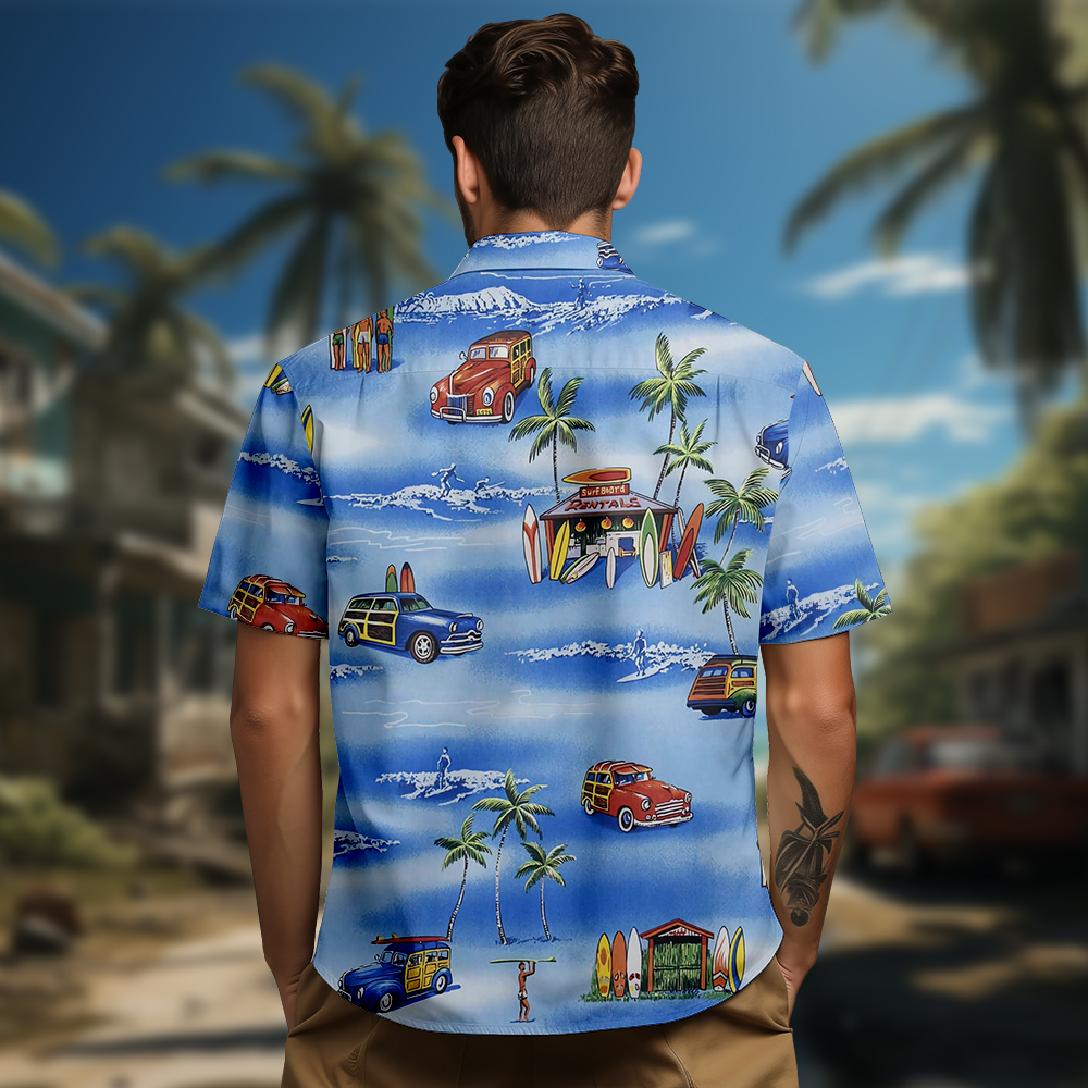 100% Cotton Men's Blue Beach Print Short Sleeve Shirt