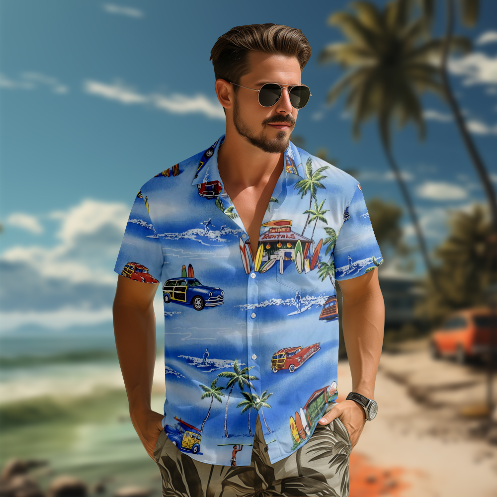 100% Cotton Men's Blue Beach Print Short Sleeve Shirt