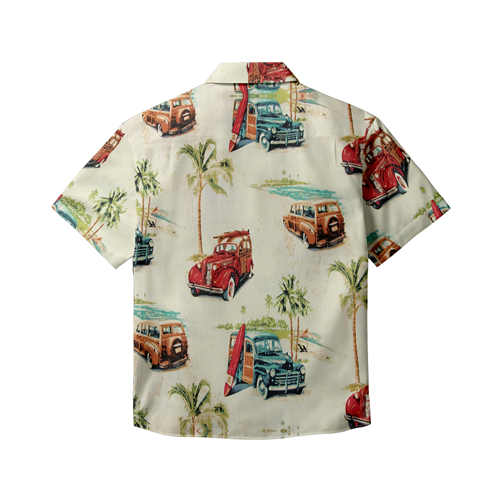 100% Cotton Men's Beige Vehicle Print Short Sleeve Shirt
