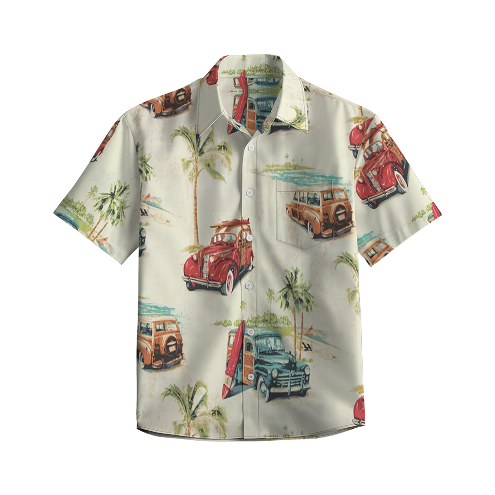 100% Cotton Men's Beige Vehicle Print Short Sleeve Shirt