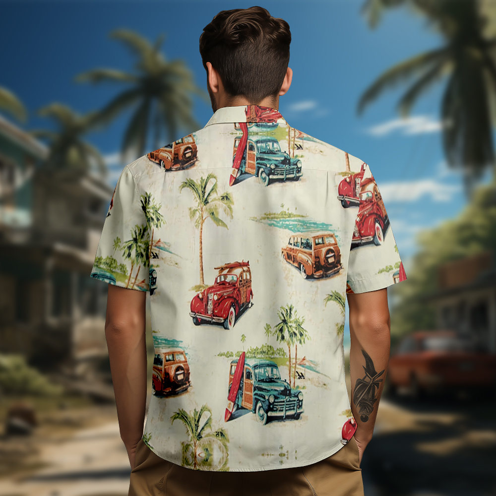 100% Cotton Men's Beige Vehicle Print Short Sleeve Shirt