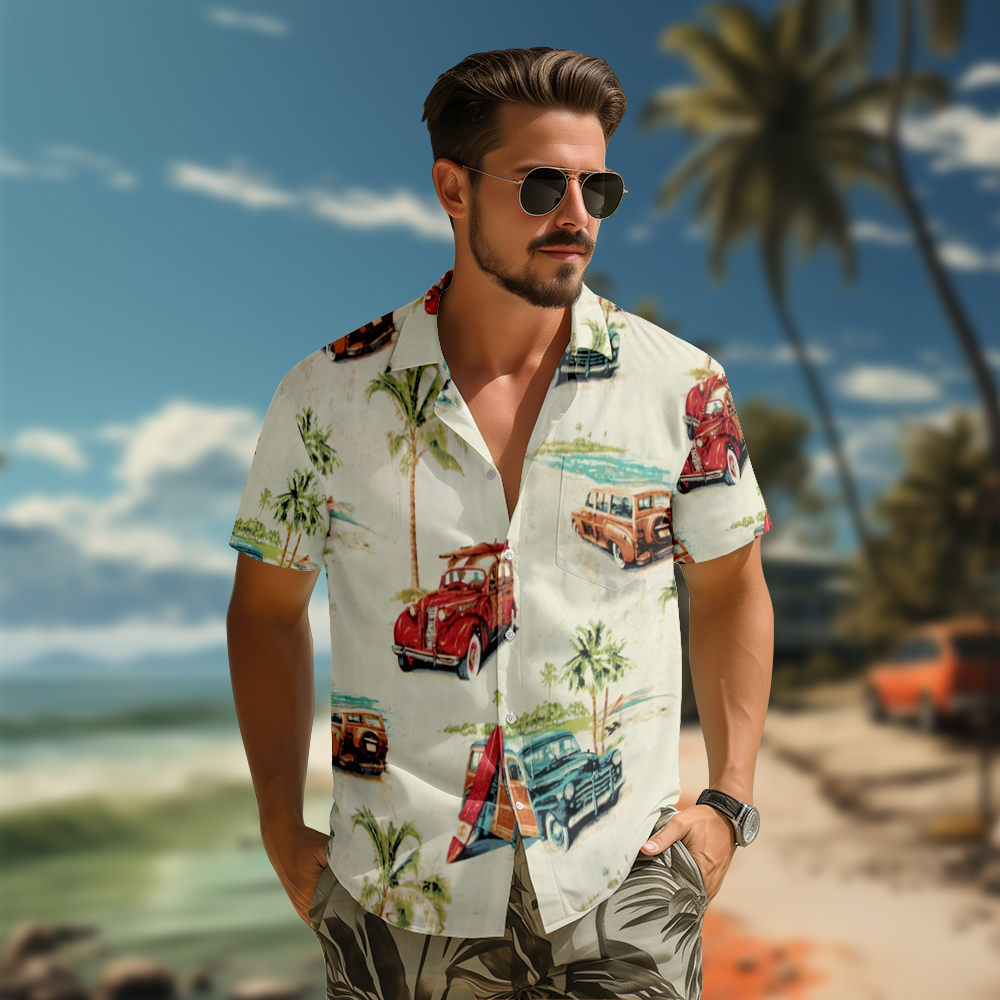 100% Cotton Men's Beige Vehicle Print Short Sleeve Shirt