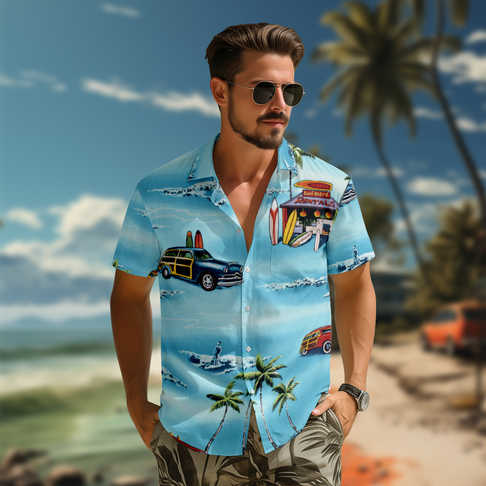 100% Cotton Men's Blue Vehicle Print Short Sleeve Shirt