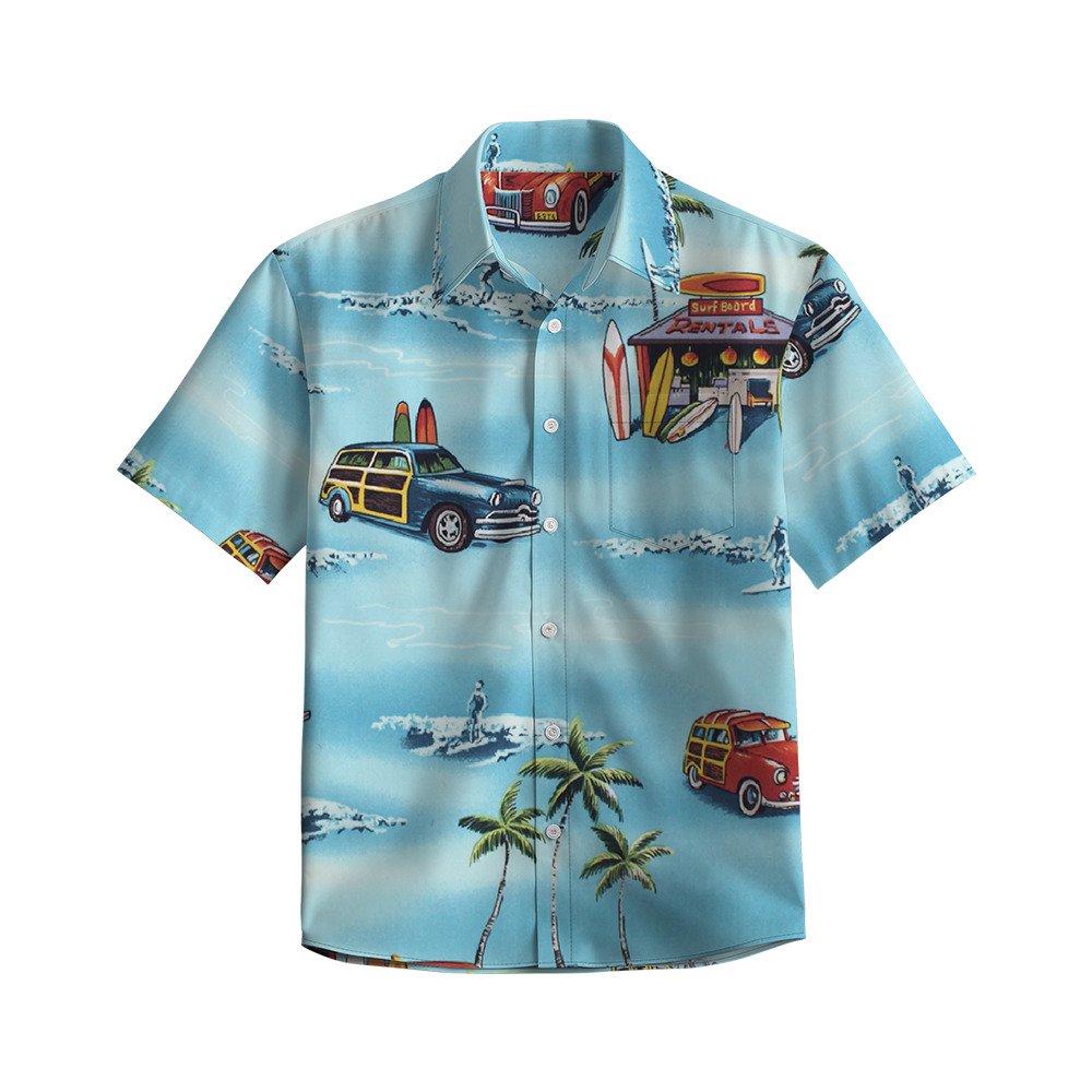 100% Cotton Men's Blue Vehicle Print Short Sleeve Shirt