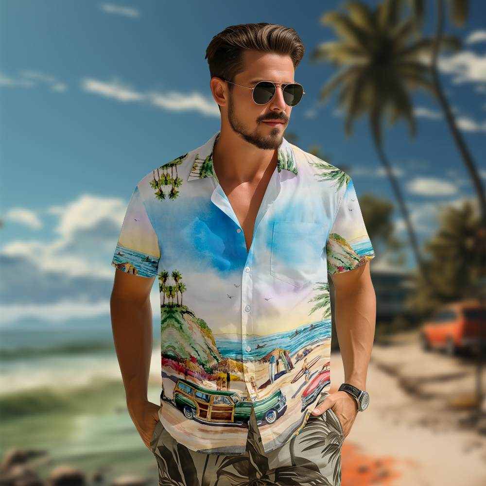 100% Cotton Men's Yellow Beach Print Short Sleeve Shirt