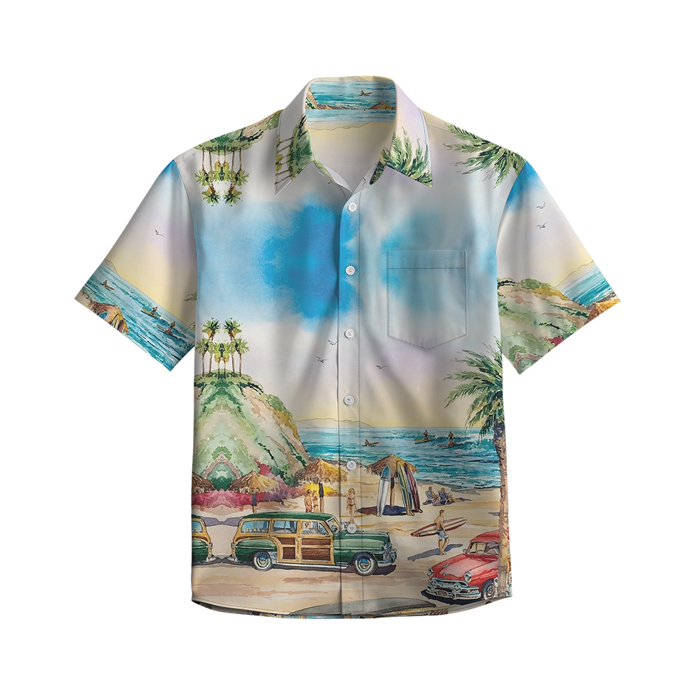 100% Cotton Men's Yellow Beach Print Short Sleeve Shirt