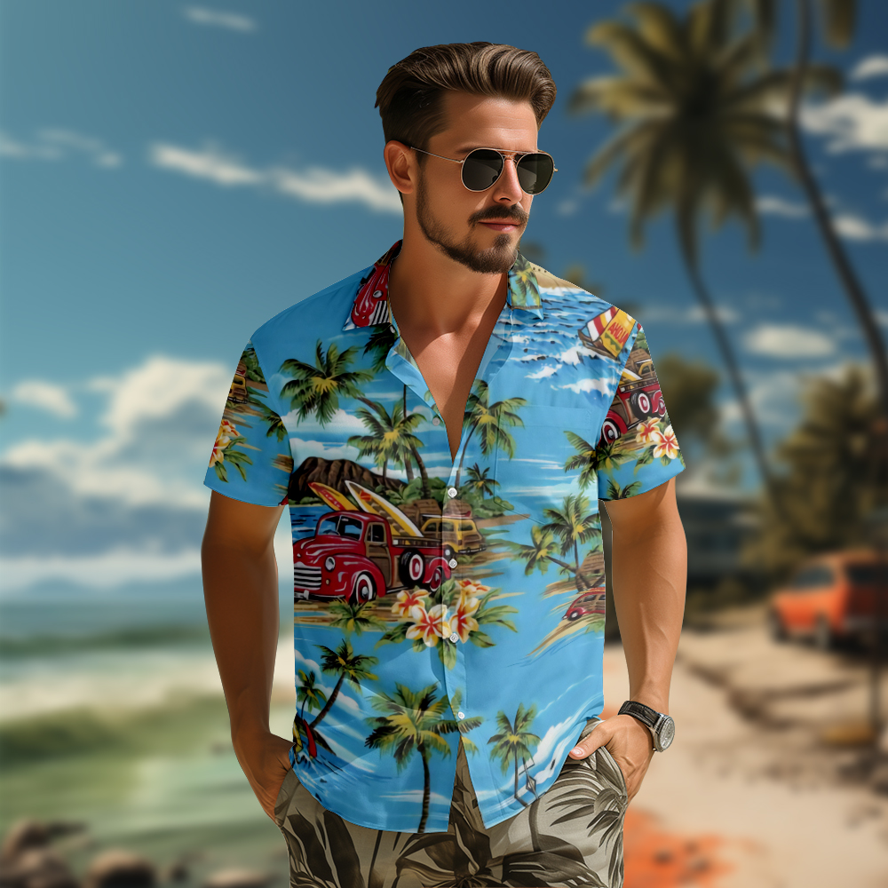100% Cotton Men's Blue Island Print Short Sleeve Shirt