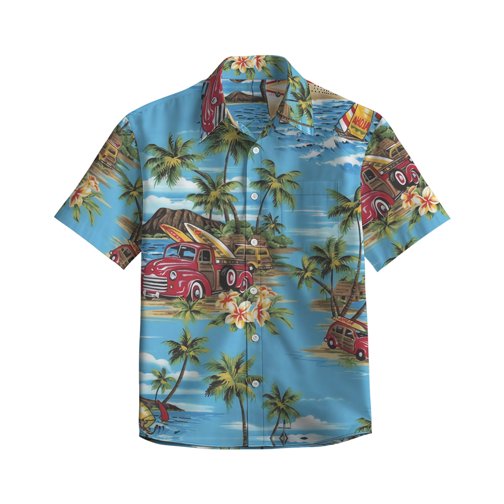 100% Cotton Men's Blue Island Print Short Sleeve Shirt