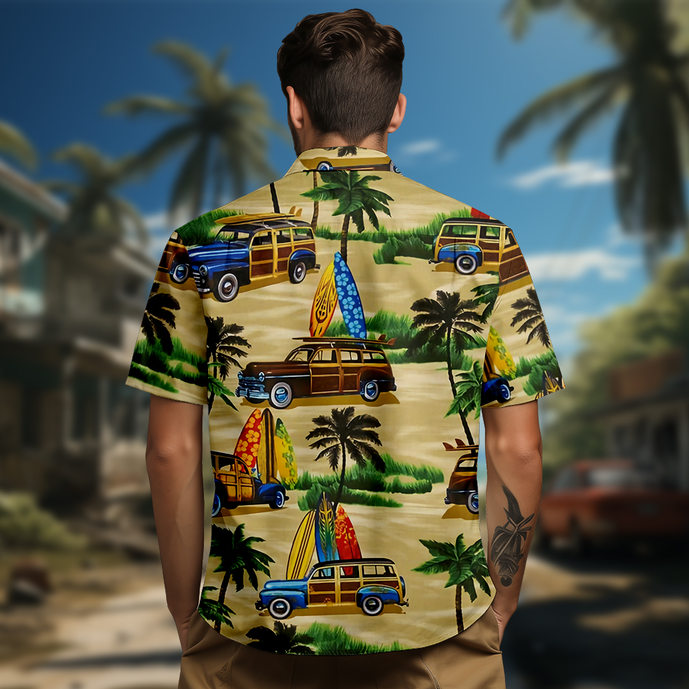 100% Cotton Men's Brown Beach Print Short Sleeve Shirt