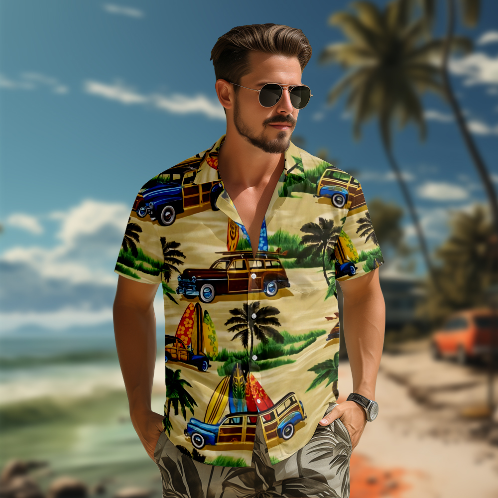 100% Cotton Men's Brown Beach Print Short Sleeve Shirt