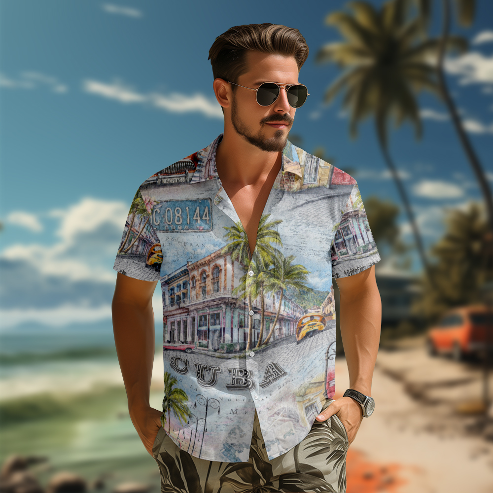 100% Cotton Men's Grey Street Print Short Sleeve Shirt