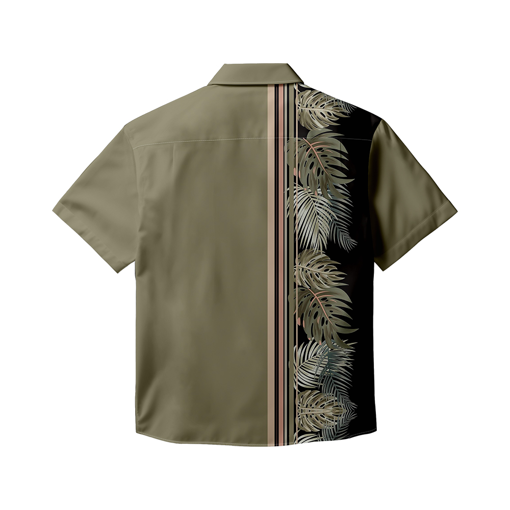 100% Cotton Men's Army Green Leaves Print Short Sleeve Shirt