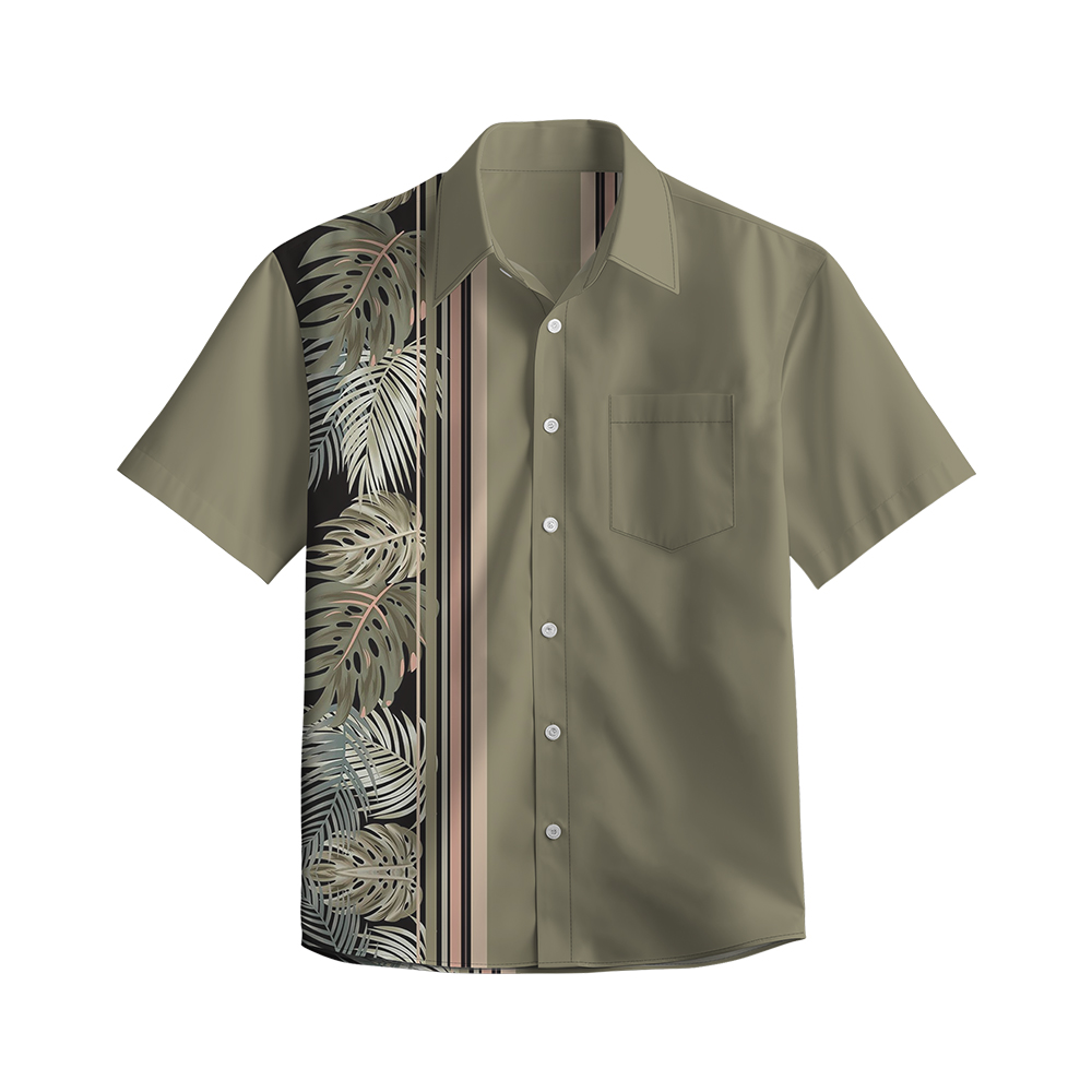 100% Cotton Men's Army Green Leaves Print Short Sleeve Shirt