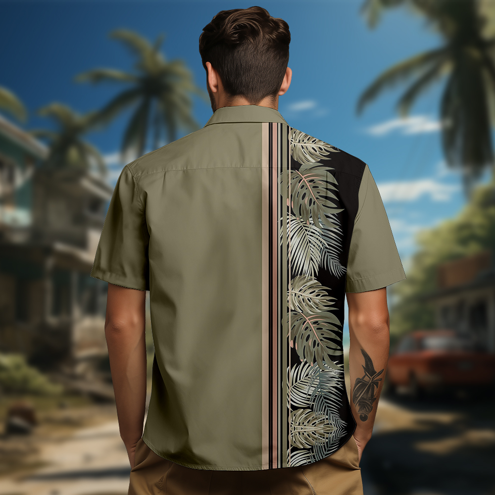 100% Cotton Men's Army Green Leaves Print Short Sleeve Shirt